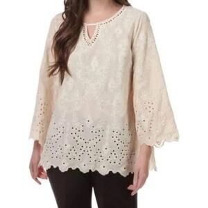 John Mark Velvet Eyelet Embroidered Flare 3/4 Sleeve Tunic Top Ivory White XL